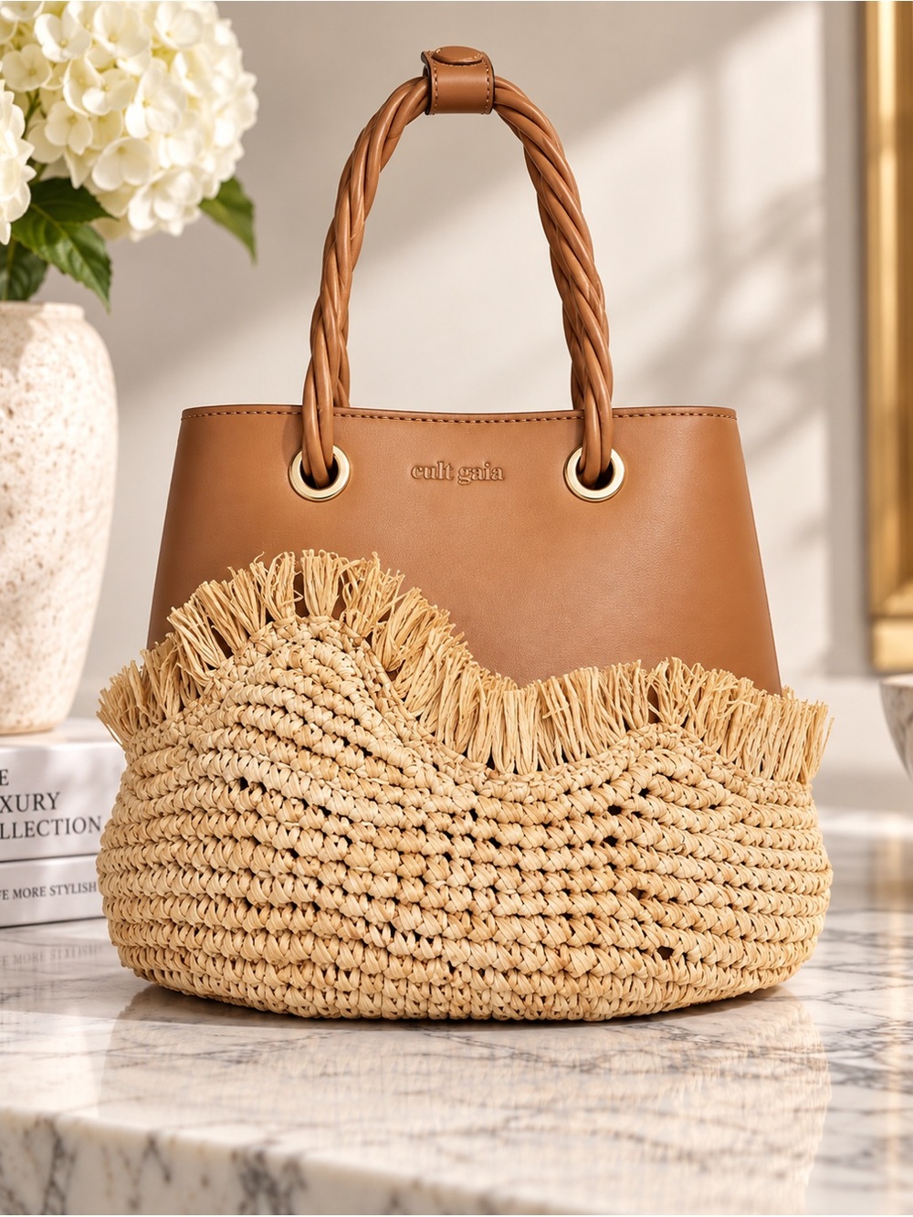 Cult Gaia Jojo Leather & Raffia Top handle bag